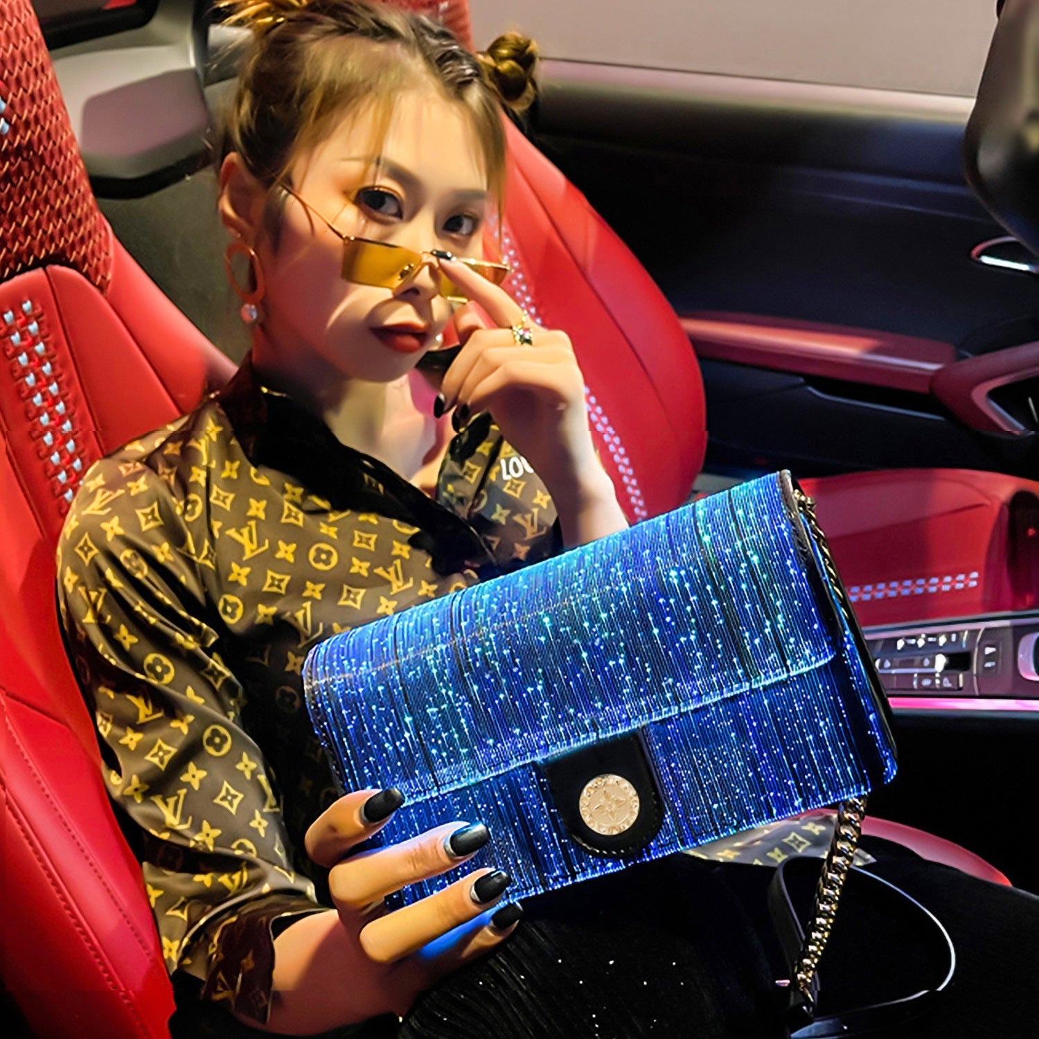 Small Square Bag with Optical Fiber Leather and Luminescent Design - Teleplus optical fiber leather luminous small