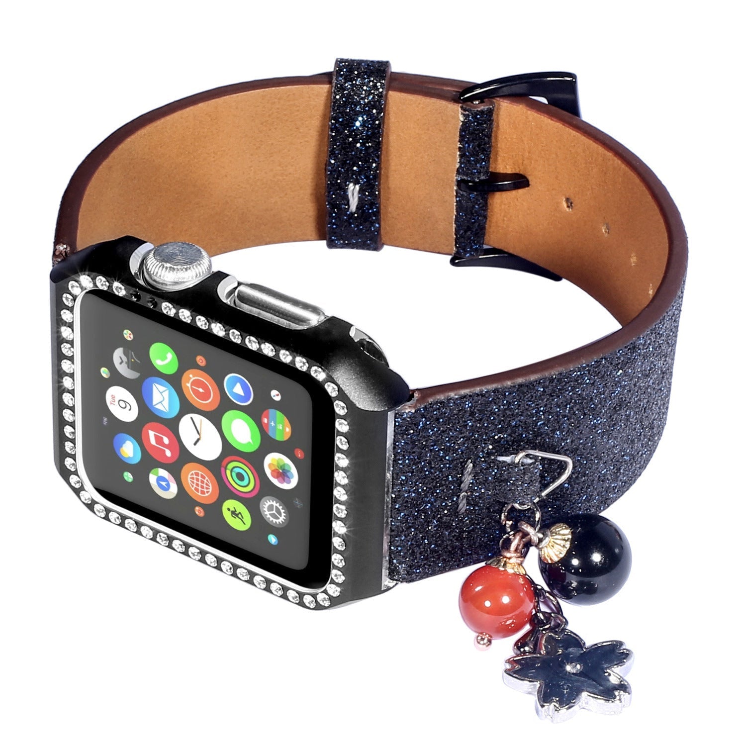 Smart Watch Glitter Sequin Star Ball Charm Leather Strap - Smart Watch Leather Strap with Star Ball Charm