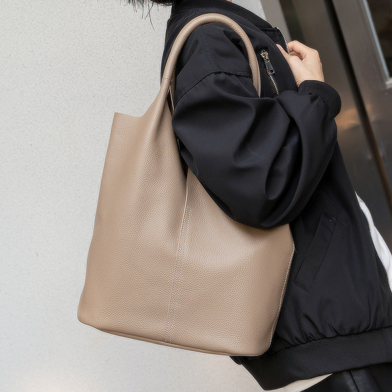 Soft Leather Tote Shoulder Bag for Daily Use with Sandwich Pocket Design - Teleplus soft leather tote shoulder handbag