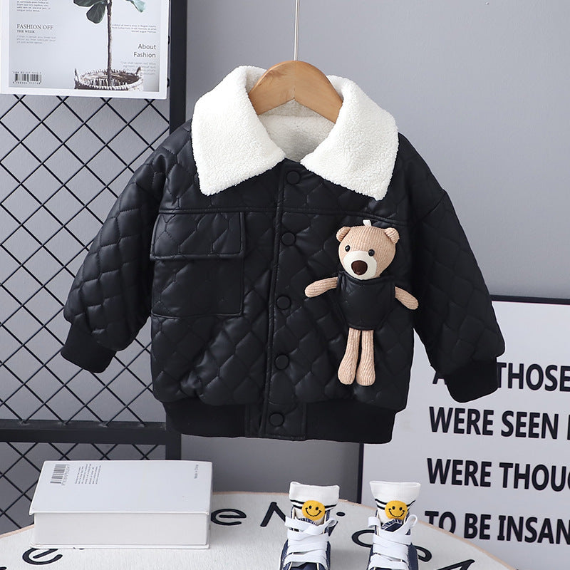 Solid Color Cartoon Animal Coat with Leather Lapel for Children - Shop leather coat lapel