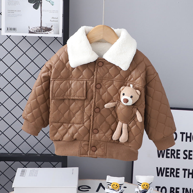 Solid Color Cartoon Animal Coat with Leather Lapel for Children - Shop leather coat lapel