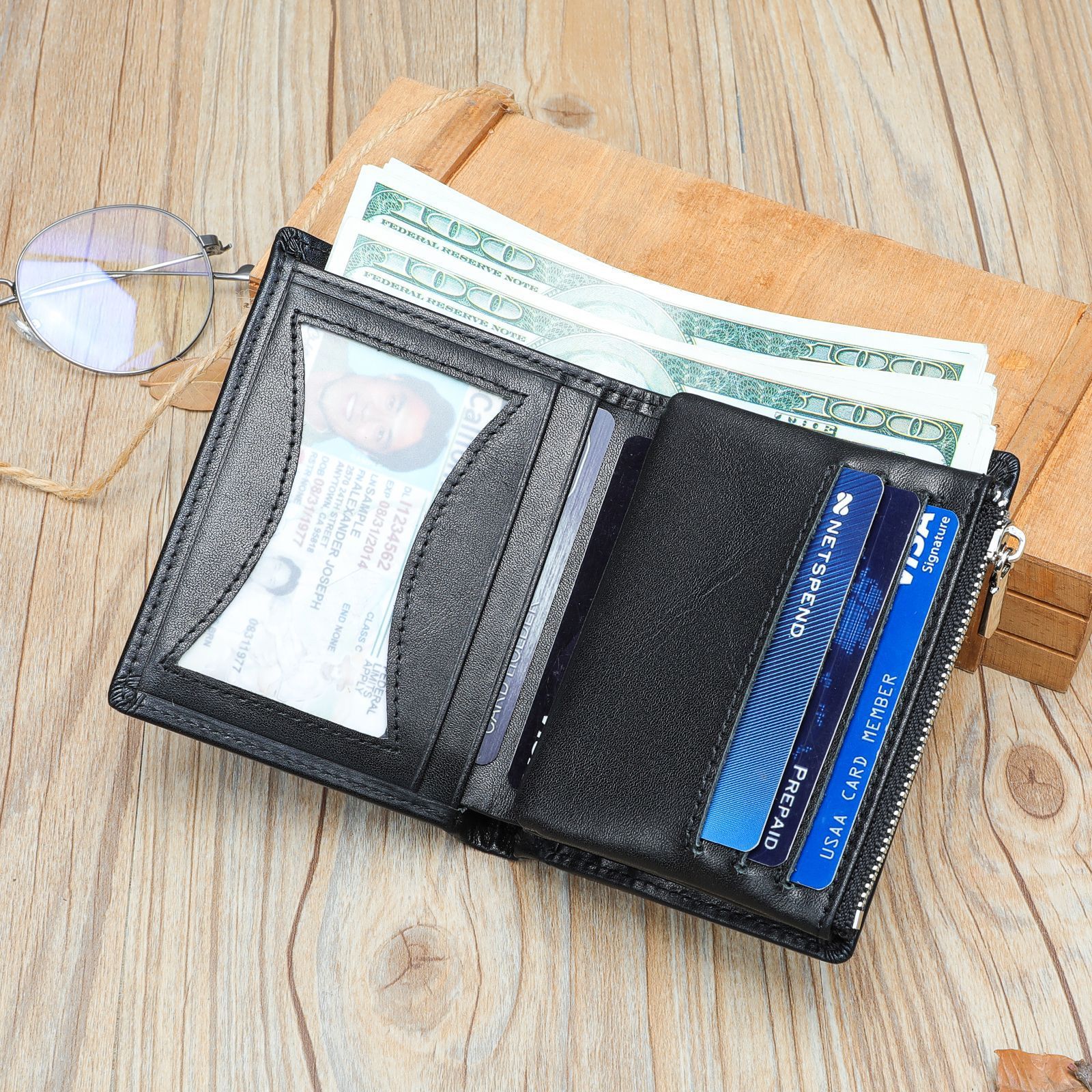 Solid Color Cowhide Wallet with Durable Polyester Cotton Lining for United States - Men A Stylish Fortress of Cash
