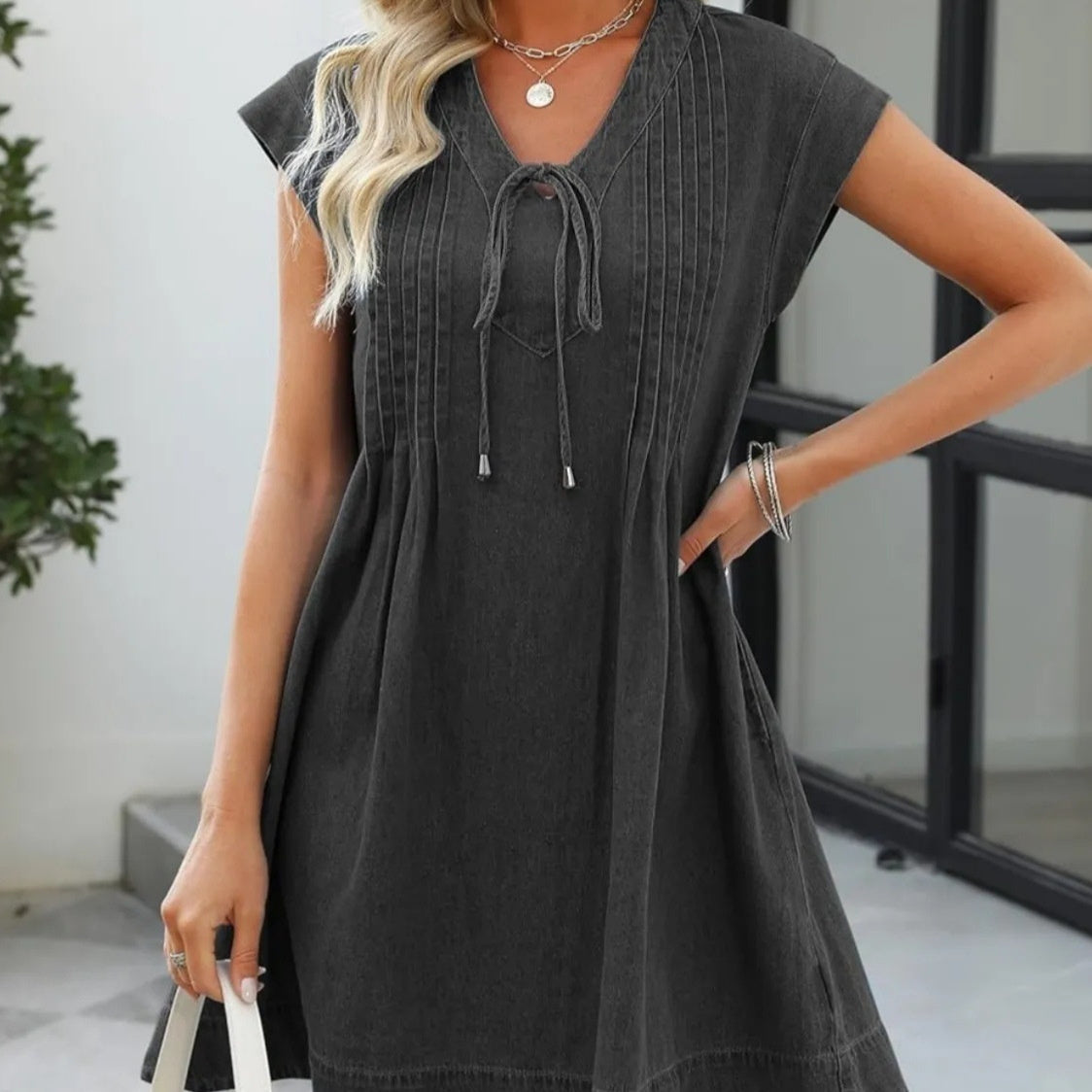 Solid Color Fabric Imitation Cotton Tencel Dress in Blue Gray Pink - Teleplus