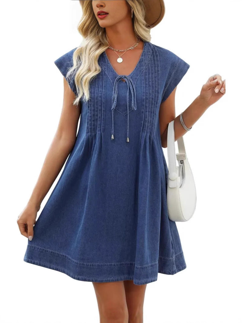 Solid Color Fabric Imitation Cotton Tencel Dress in Blue Gray Pink - Teleplus