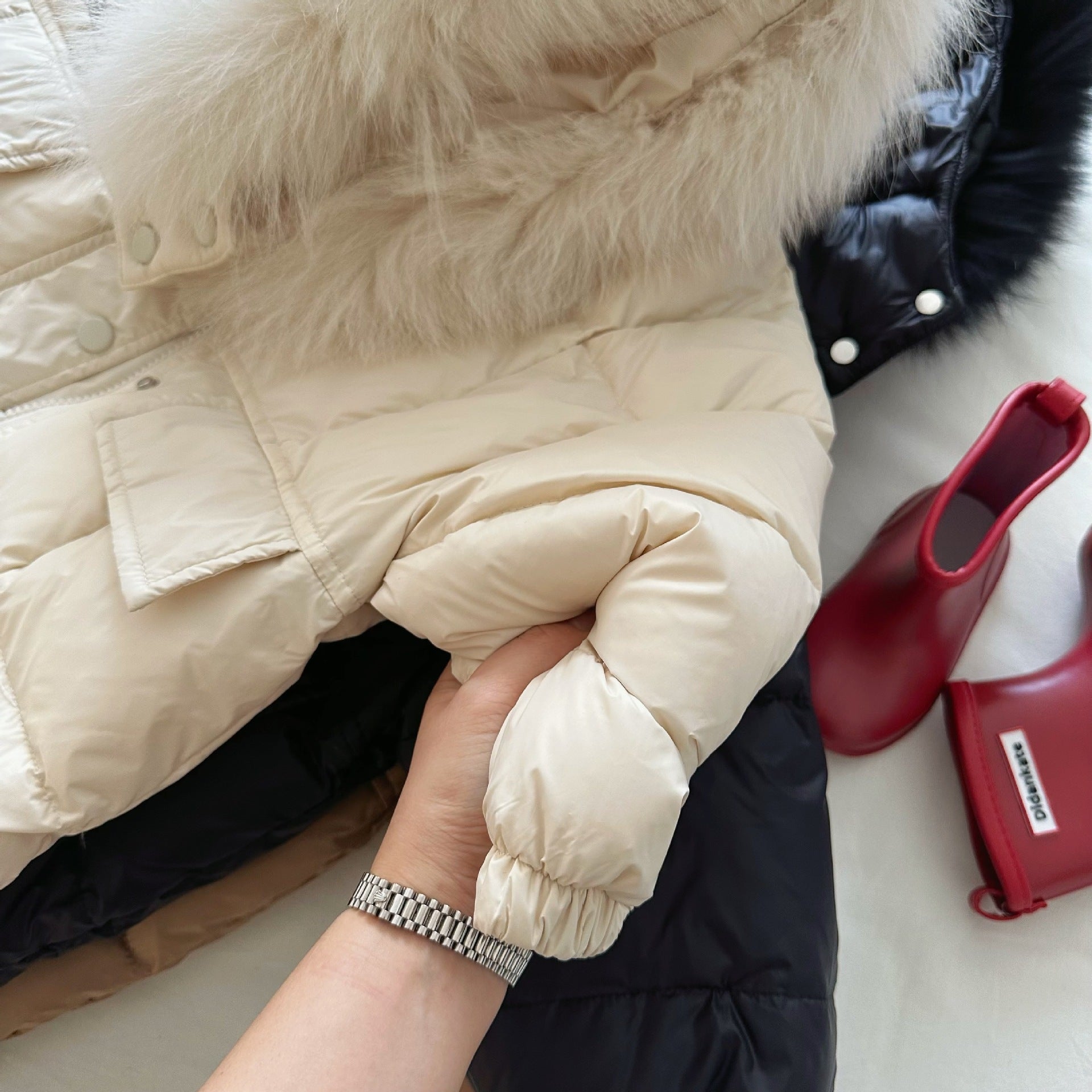 Solid Color Fur Collared Baby Long Down Jacket in Korean Cotton - Teleplus Collar solid color fur collar jacket baby