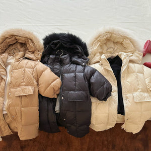 Solid Color Fur Collared Baby Long Down Jacket in Korean Cotton - Teleplus Collar solid color fur collar jacket baby