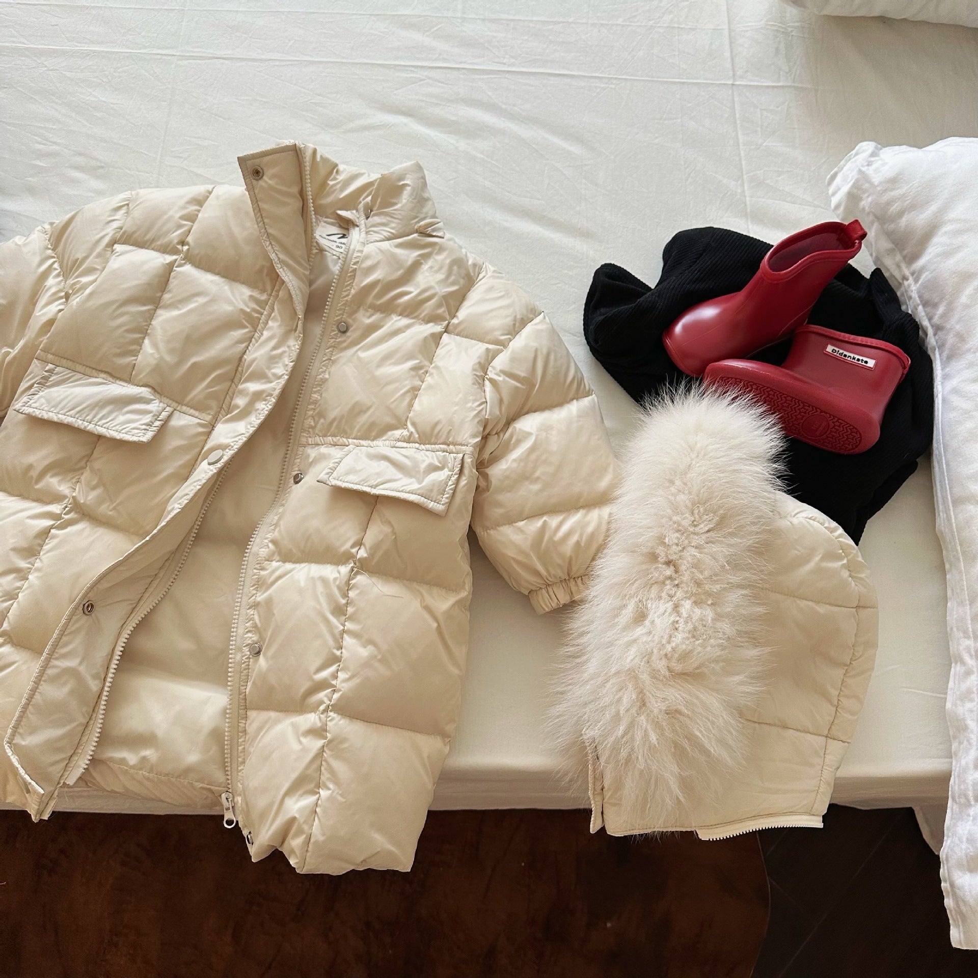 Solid Color Fur Collared Baby Long Down Jacket in Korean Cotton - Teleplus Collar solid color fur collar jacket baby