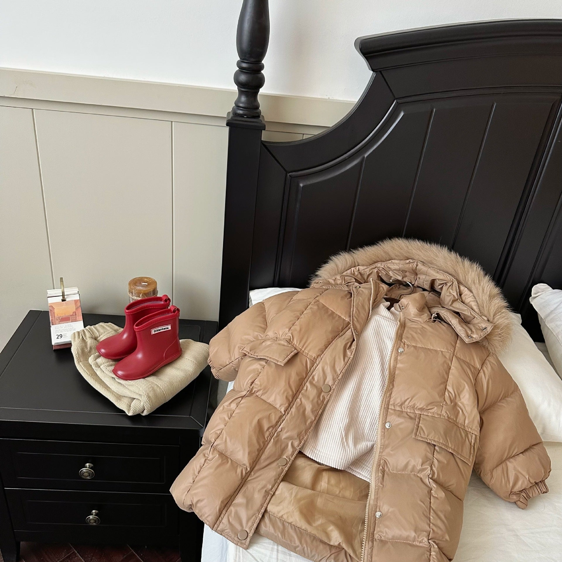 Solid Color Fur Collared Baby Long Down Jacket in Korean Cotton - Teleplus Collar solid color fur collar jacket baby