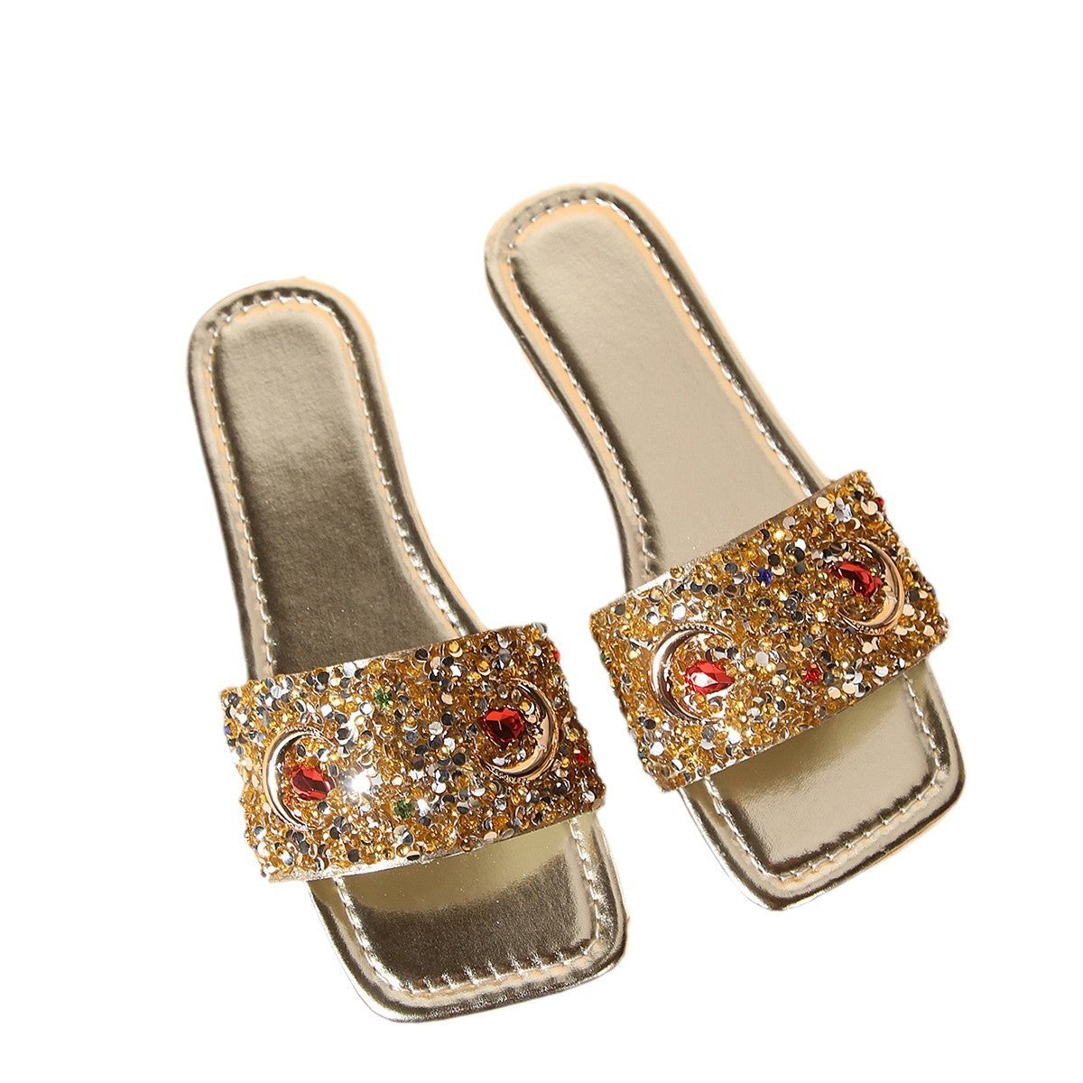 Solid Color PU Gold Sandals with Rhinestones and Rubber Sole for Women - Teleplus solid color gold sandals pu