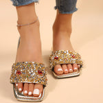 Solid Color PU Gold Sandals with Rhinestones and Rubber Sole for Women - Teleplus solid color gold sandals pu