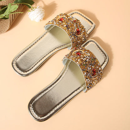 Solid Color PU Gold Sandals with Rhinestones and Rubber Sole for Women - Teleplus solid color gold sandals pu