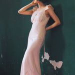 Solid Color Retro High Waist Dress with Lace Ruffle Pleated Flying Sleeves - Teleplus solid color