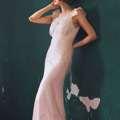 Solid Color Retro High Waist Dress with Lace Ruffle Pleated Flying Sleeves - Teleplus solid color