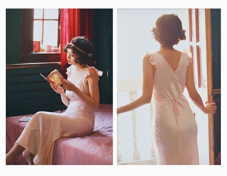 Solid Color Retro High Waist Dress with Lace Ruffle Pleated Flying Sleeves - Teleplus solid color