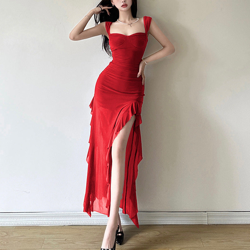 Solid Color Split Sleeveless Skirt Dress for Women with Polyester Fabric - Teleplus