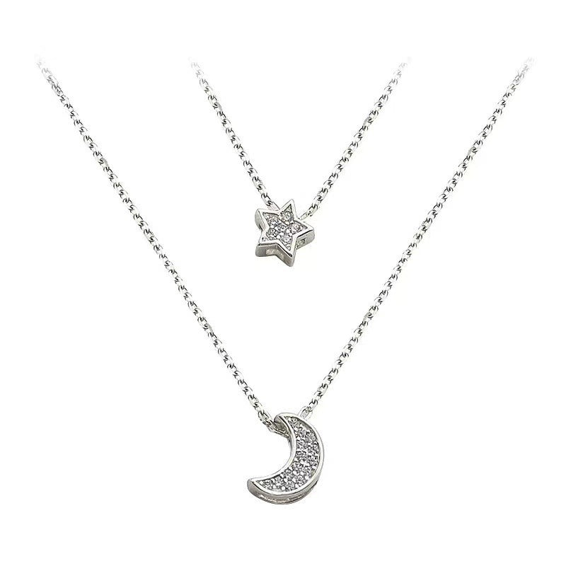 Sparkling Diamond Star Moon Double Layered Necklace - Sparkling Diamond Star Moon Necklace for Trendy Women