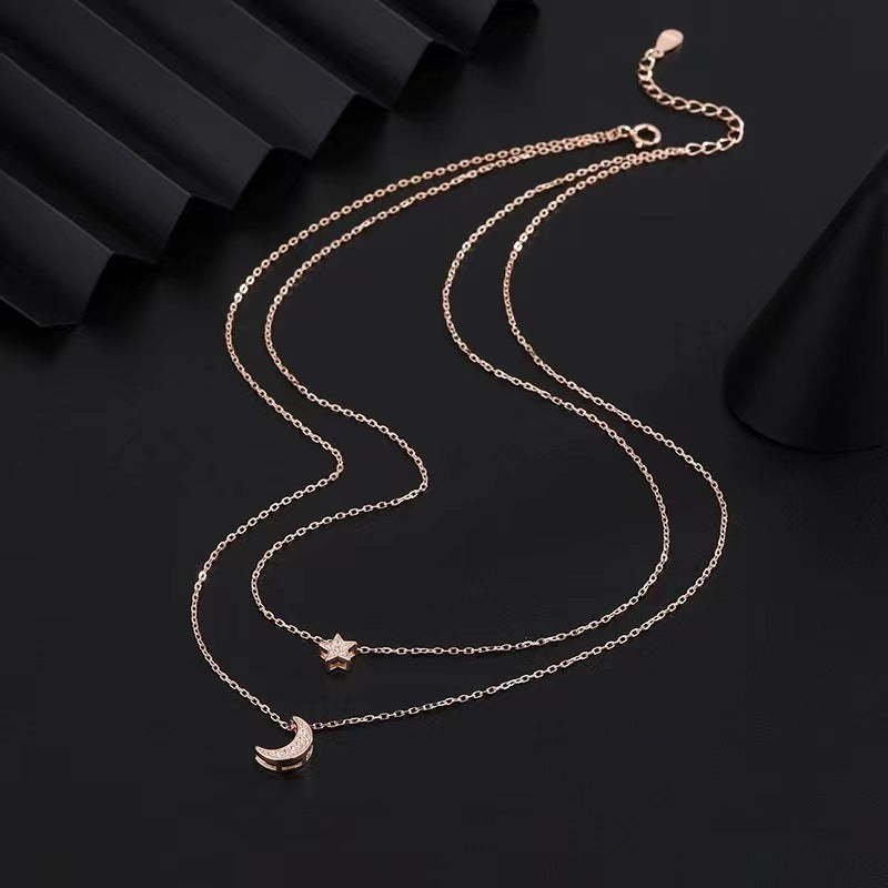 Sparkling Diamond Star Moon Double Layered Necklace - Sparkling Diamond Star Moon Necklace for Trendy Women