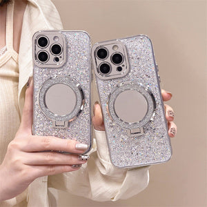 Sparkling Powder Mirror Phone Case with Silver Gray Art Embossing - Anti-Drop sparkling powder mirror phone case