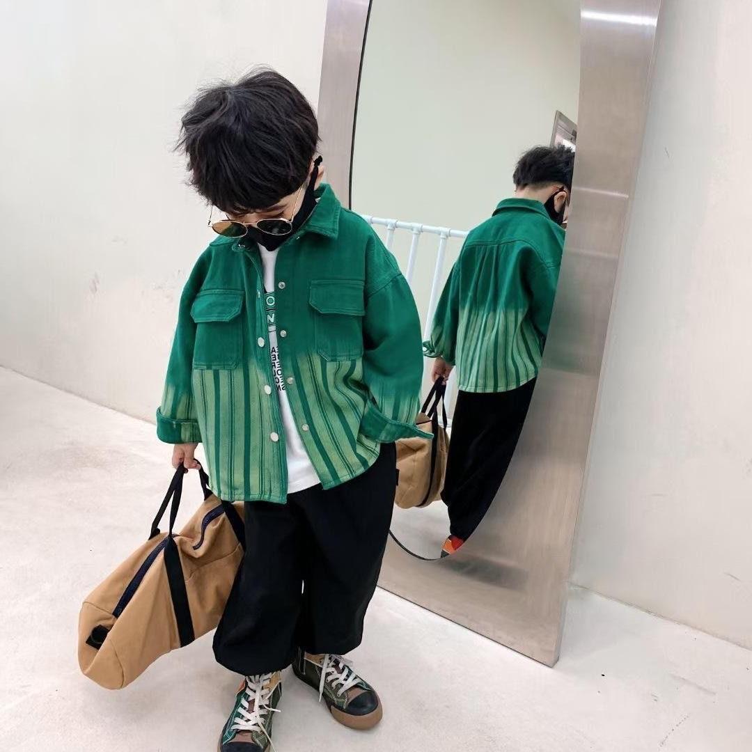 Spring Denim Jacket with Polo Collar for Girls in Green Stripes - Teleplus spring denim jacket