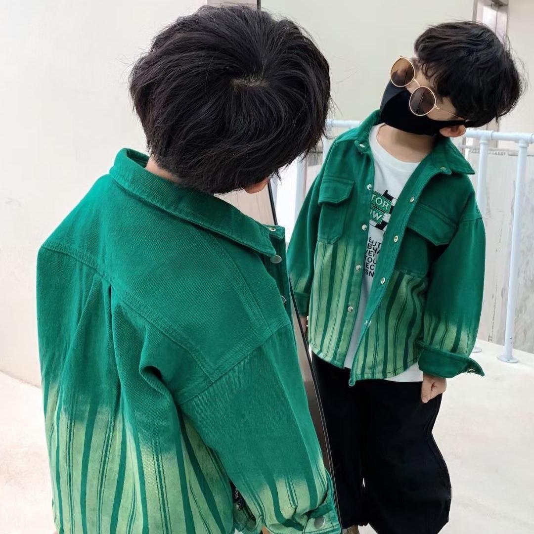 Spring Denim Jacket with Polo Collar for Girls in Green Stripes - Teleplus spring denim jacket