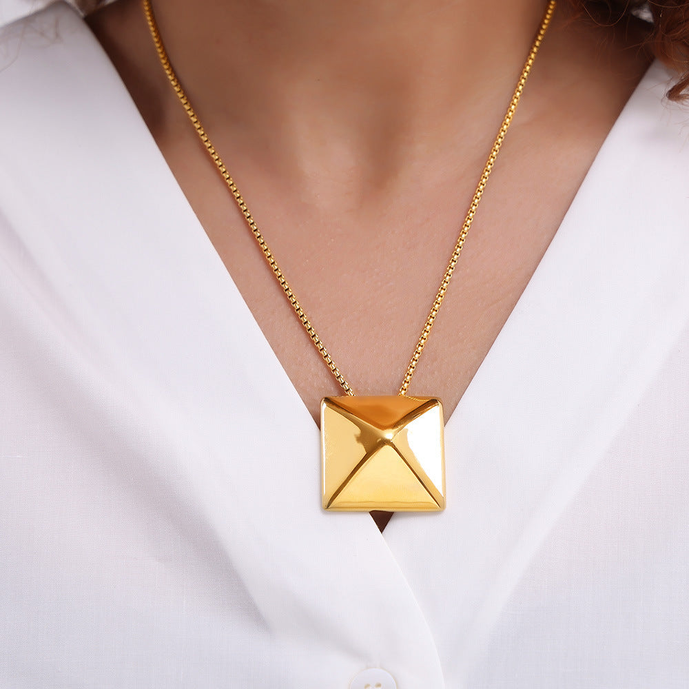 Triangle Pendant Necklace in Steel or Gold Electroplated for Women - Square Three-Dimensional triangle pendant necklace