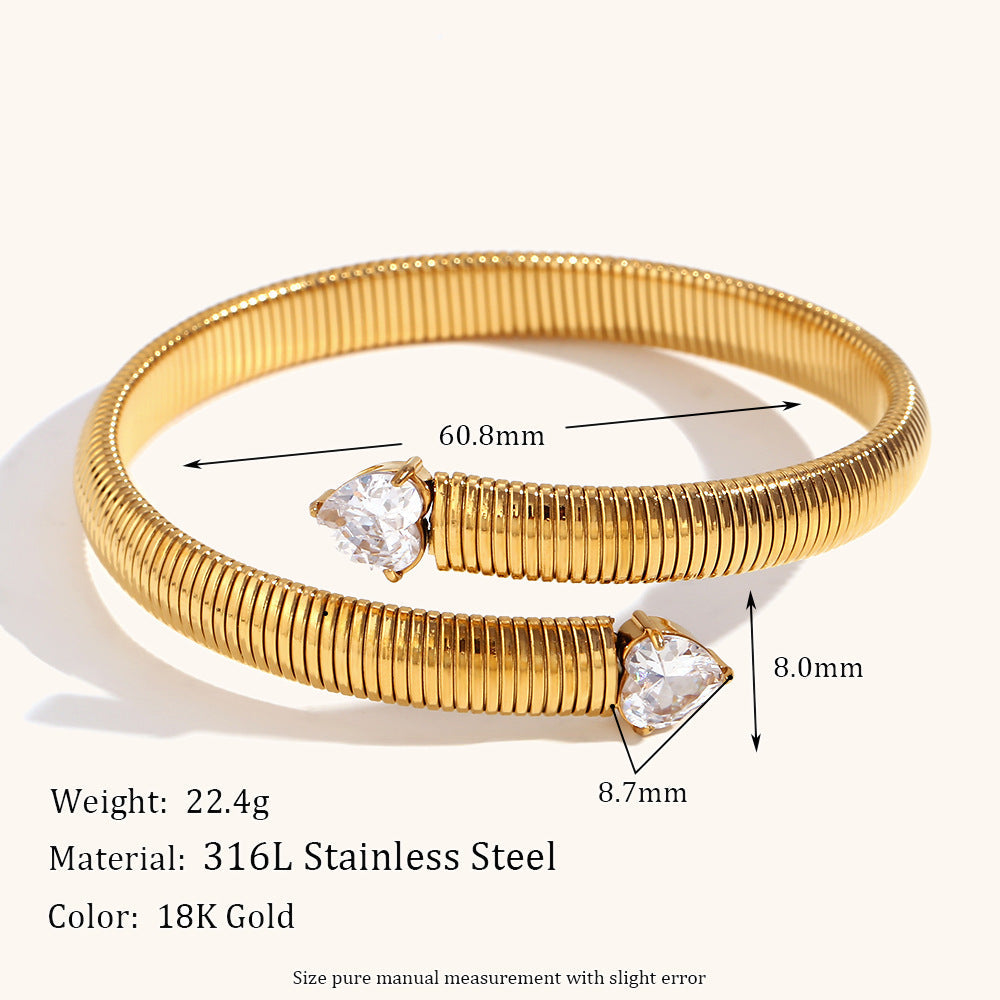 Stainless Steel Plated 18K Two-headed Heart-shaped Zircon Opening Striped Bracelet - Stainless Steel Zircon Opening