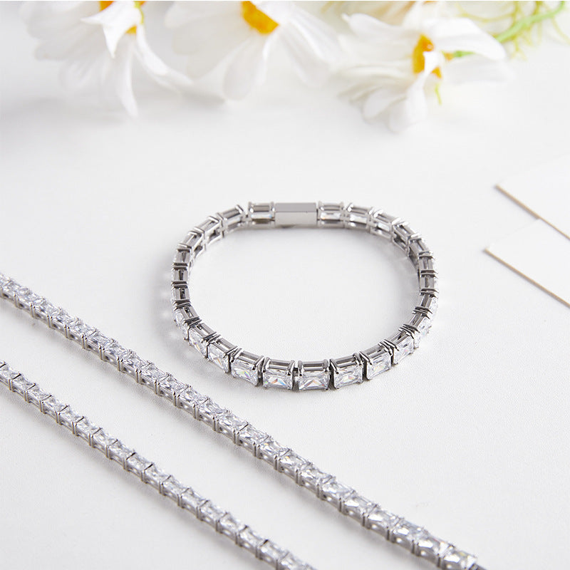 Stainless Steel Rectangular Zircon Tennis Bracelet - Stainless Steel Rectangular Tennis Chain Bracelet