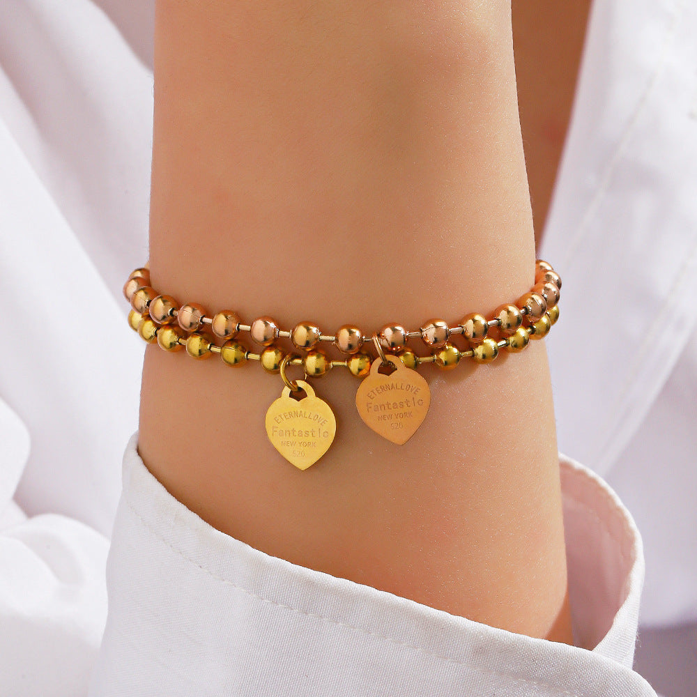 Stainless Steel Round Beads Heart Bracelet Women’s Fashion Gift - Stainless Steel Heart Bracelet Gold Fashion Gift