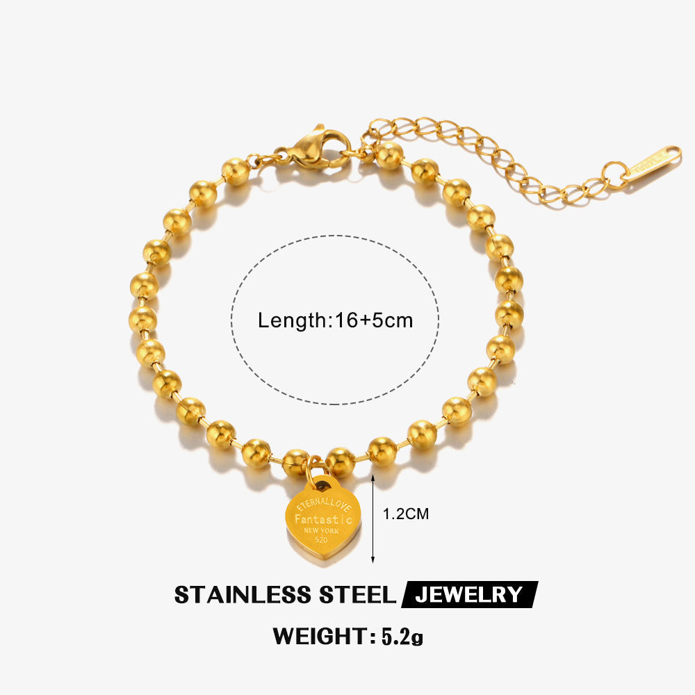 Stainless Steel Round Beads Heart Bracelet Women’s Fashion Gift - Stainless Steel Heart Bracelet Gold Fashion Gift