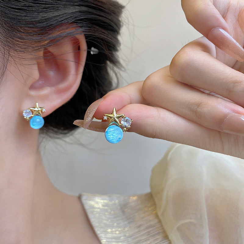 Electroplated Female Copper Starfish Blue Beads Earrings Pair - for Women Shine On! starfish blue beads