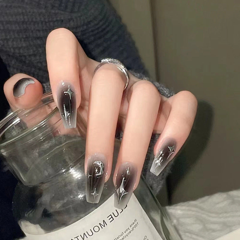 Starry Sky Silver Fake Nails for Dark Hot Girl Ins Style Blush Nail Art - Teleplus dark hot girl ins style blush silver