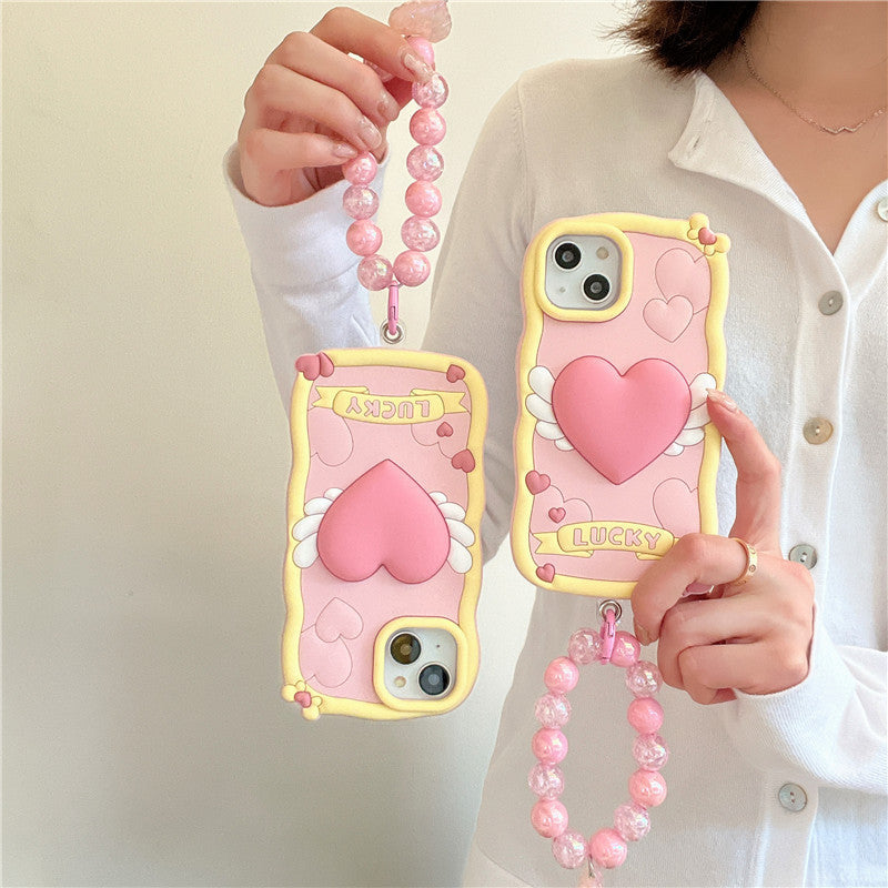 Stereo Heart Wings Lanyard for Apple Devices with Rose Silicone Design - Cream Phone Case Feelings stereo heart wings