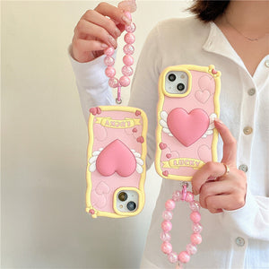 Stereo Heart Wings Lanyard for Apple Devices with Rose Silicone Design - Cream Phone Case Feelings stereo heart wings