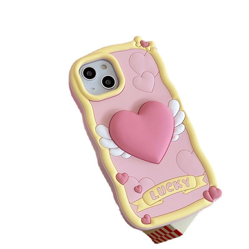 Stereo Heart Wings Lanyard for Apple Devices with Rose Silicone Design - Cream Phone Case Feelings stereo heart wings