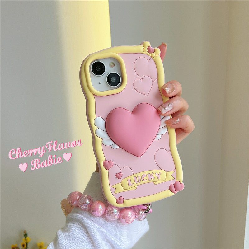 Stereo Heart Wings Lanyard for Apple Devices with Rose Silicone Design - Cream Phone Case Feelings stereo heart wings