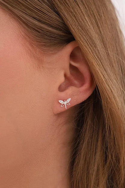 925 Sterling Silver Dragonfly Earrings with White Zircon for Women