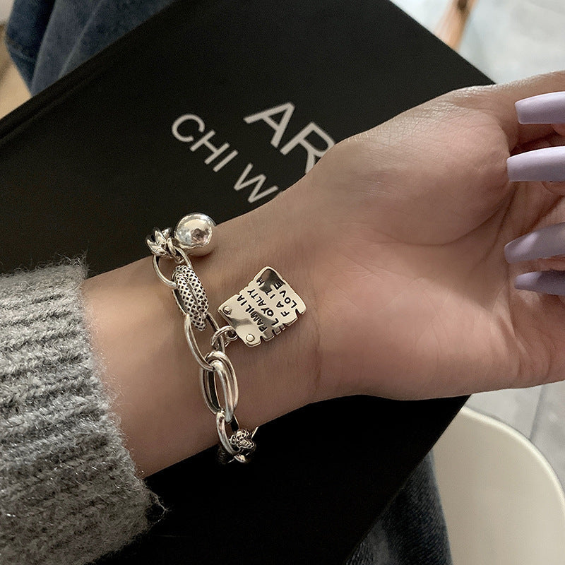 Sterling Silver Bracelet for Women with Square Pattern and Thai Plating - s925 sterling silver bracelet simple letter