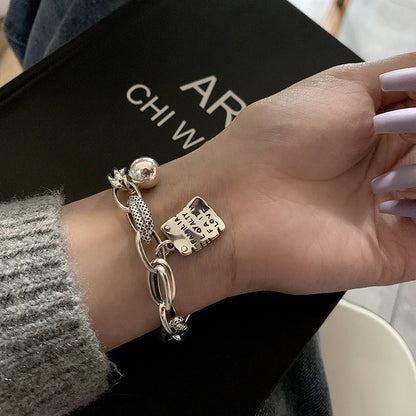 Sterling Silver Bracelet for Women with Square Pattern and Thai Plating - s925 sterling silver bracelet simple letter