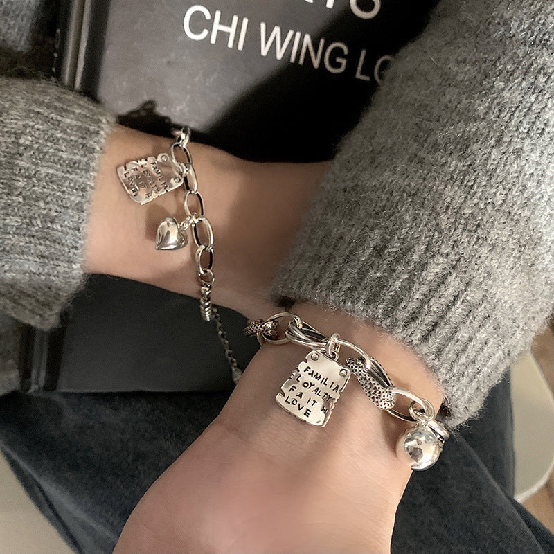 Sterling Silver Bracelet for Women with Square Pattern and Thai Plating - s925 sterling silver bracelet simple letter