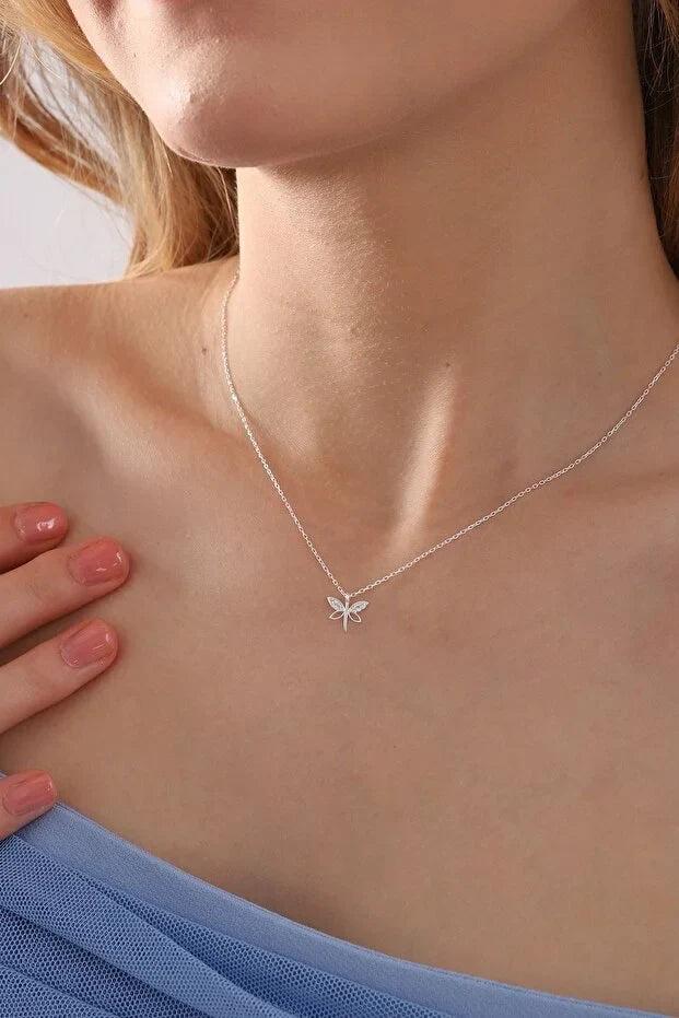 925 Sterling Silver Minimal Dragonfly Necklace with White Zircon Stone