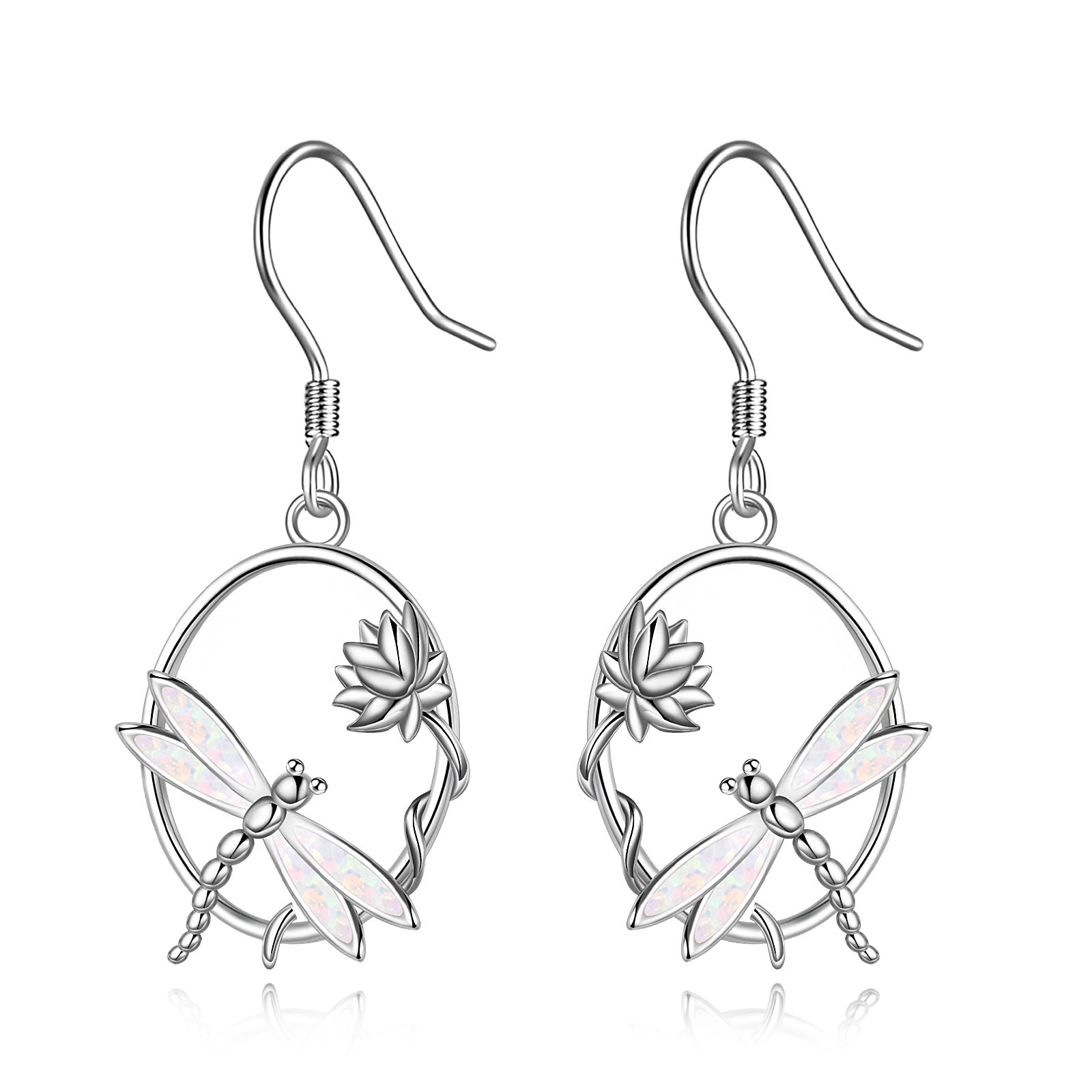 Sterling Silver Dragonfly Opal Dangle Drop Earring Jewelry - Dragonflies and Lotuses Get Fancy in Silver Earrings