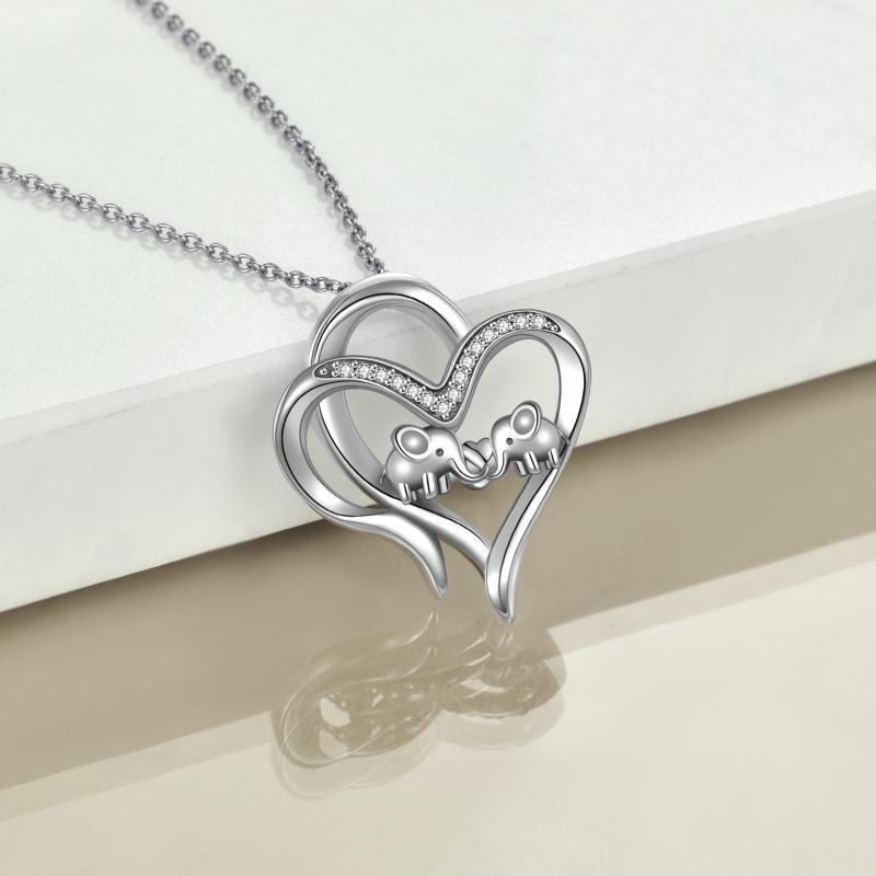 Sterling Silver Elephant Heart-shaped Pendant For Mother and Child - Heartfelt Jumbo Elephants for Mom and Mini