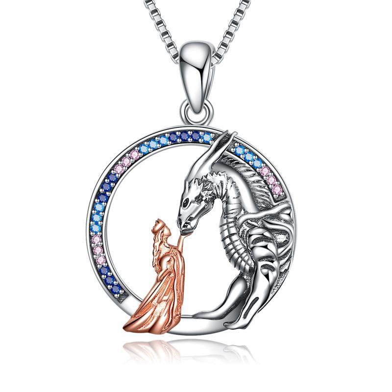 Sterling Silver Girl and Dragon Queen Princess Stroking Necklace Jewelry - Dragon Queen Jewelry for Fierce Ladies