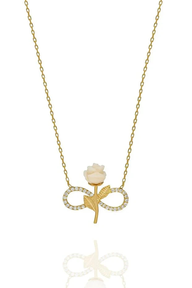 925 Sterling Silver Gold Plated White Rose Infinity Necklace with Zircon Stone