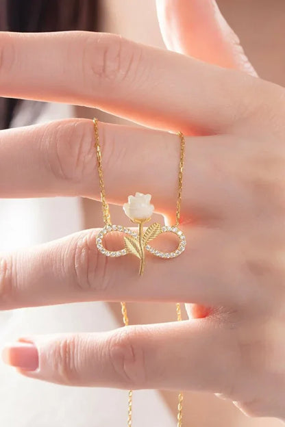 925 Sterling Silver Gold Plated White Rose Infinity Necklace with Zircon Stone