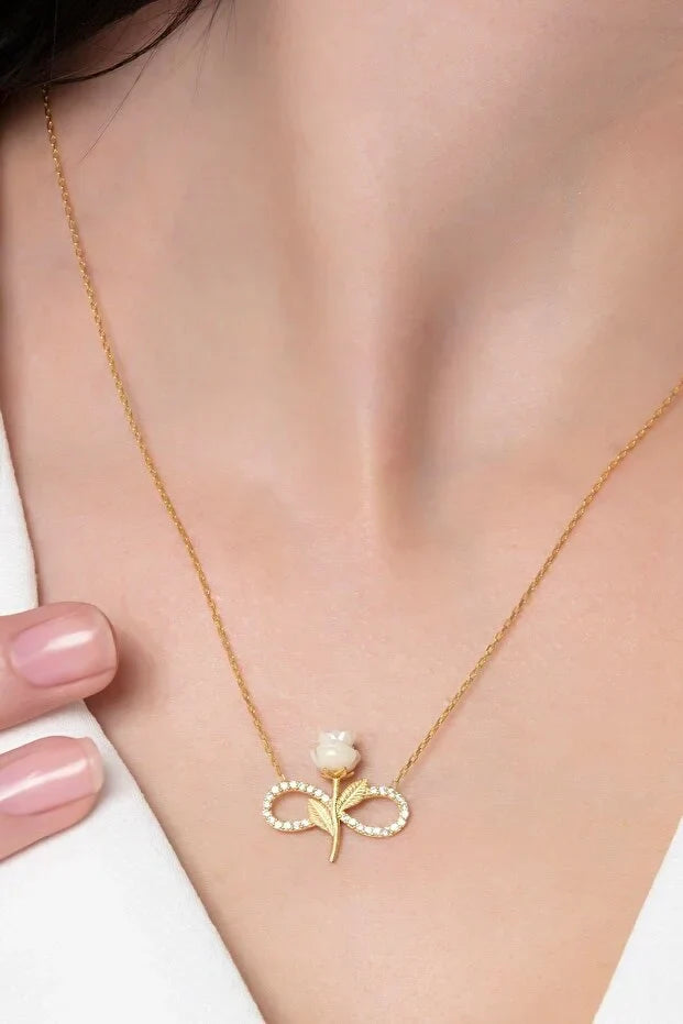 925 Sterling Silver Gold Plated White Rose Infinity Necklace with Zircon Stone