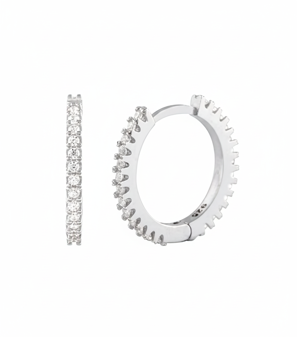 925 Sterling Silver 15 mm Half Eternity Zircon Hoop Earrings