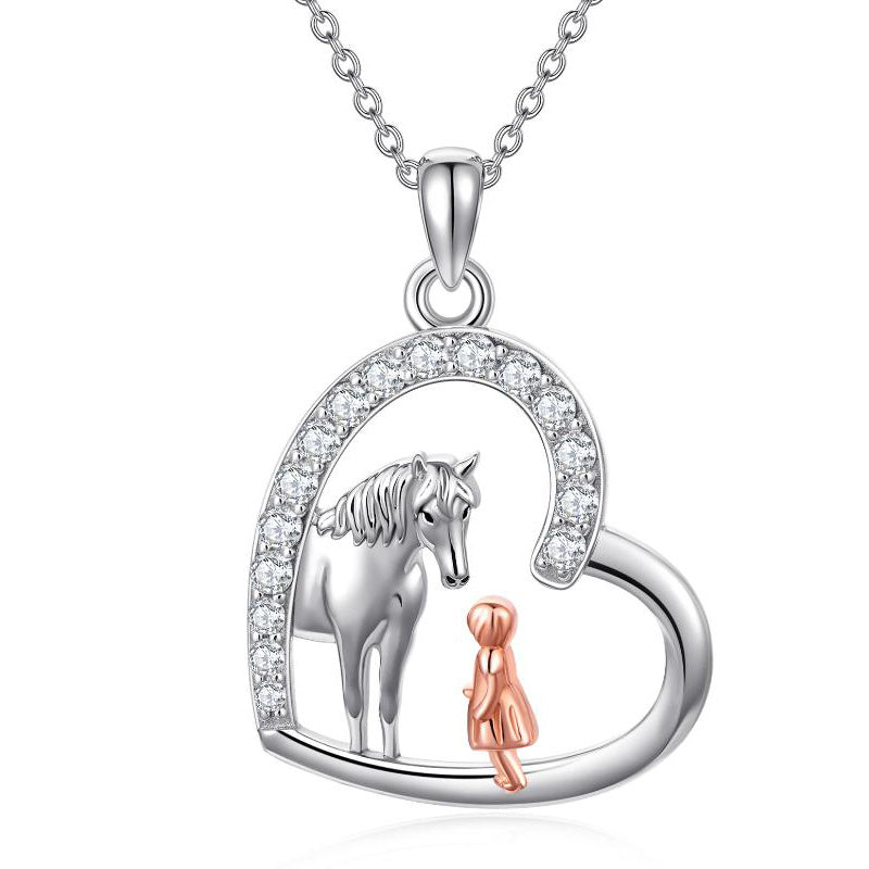 Sterling Silver Heart Horse and Girl Pendant Necklace Jewelry Gifts for Women Girls Kids - Heartfelt Pendant Necklace