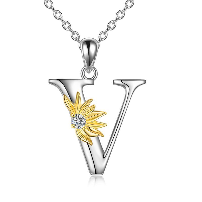 Sterling Silver Initial Alphabet Sunflower A Letter Script Name Pendant Necklace - Get Your Initial Alphabet Sunflower