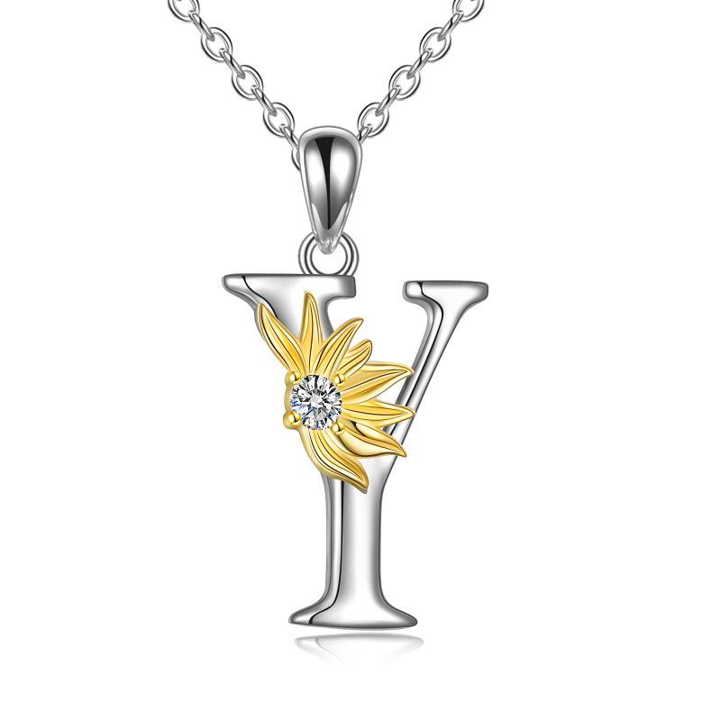 Sterling Silver Initial Alphabet Sunflower A Letter Script Name Pendant Necklace - Get Your Initial Alphabet Sunflower